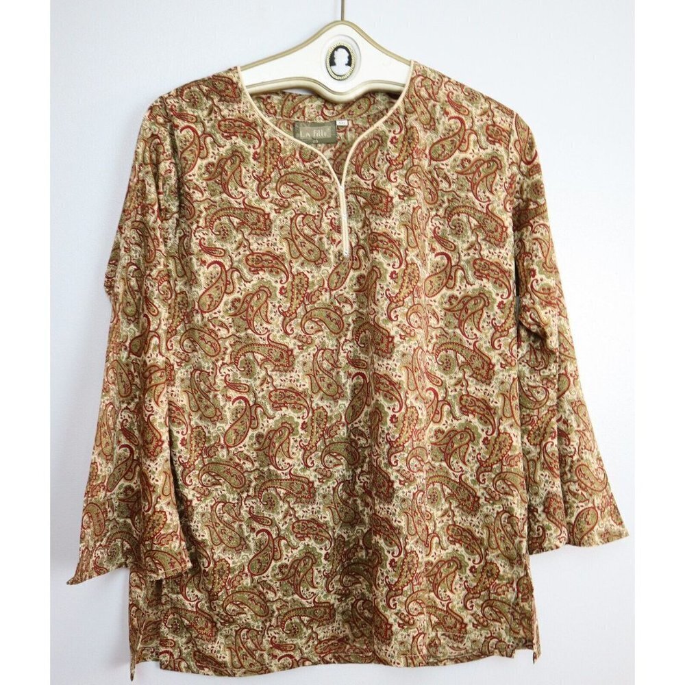 LA FILLE - WOMEN'S BEIGE & RED PAISLEY PRINT TUNIC TOP - SIZE XL